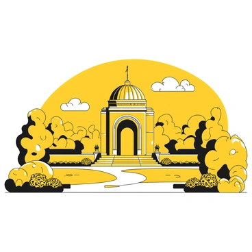 A large structure resembling a grand memorial with a dome and intricate architectural details is set at the center of the image. The memorial is flanked by four statues at its corners. Surrounding the memorial are expansive gardens filled with various plants and neatly trimmed bushes. Walkways weave through the gardens, allowing visitors to stroll beside bright flower beds. In the distance, a clear sky is visible above the iconic memorial, emphasizing its grandeur against the lush greenery.