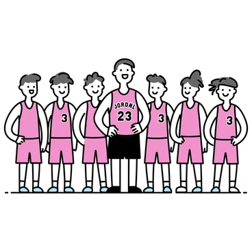 A group of basketball players, including "Michael Jordan," standing together in a unified pose for an official team photo. "Michael Jordan" is wearing a red team jersey with the number 23 and black shorts. The other players are dressed in similar red jerseys, showcasing their team colors. They are all smiling, radiating camaraderie, with a basketball court backdrop visible behind them. The players are arranged in a semi-circle, with "Michael Jordan" positioned prominently in the center. The team's logo is displayed on the jerseys.