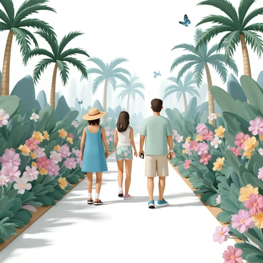 A group of visitors, consisting of two women and a man, are wandering through a lush botanical garden. One woman is wearing a bright blue sundress and a wide-brimmed straw hat, while the other woman is in a white tank top and floral shorts. The man is dressed in a light green shirt and khaki shorts. They are surrounded by a variety of exotic plants, including tall palm trees, colorful orchids, and vibrant hibiscus flowers. The sun filters through the leaves, casting dappled shadows on the path they are walking on. The visitors are admiring the flowers and taking photos, while some butterflies flutter around the colorful blooms.