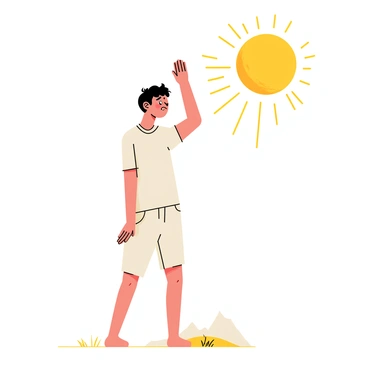 A person standing with their back slightly arched, shielding their eyes with one arm raised against a bright, painful light source. The light source is depicted as a large, glowing yellow orb radiating intense beams of light. The person's features are strained, with a furrowed brow and a tight-lipped expression, indicating discomfort. They are wearing a simple T-shirt and shorts, and their hair is slightly tousled by a gentle breeze. The ground beneath them has a few patches of grass, and there is a faint outline of a distant landscape behind them, suggesting an outdoor setting.