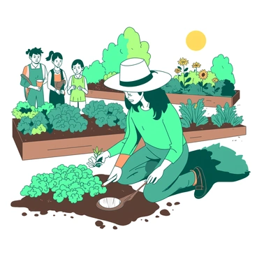 A teal gardener wearing a straw hat is kneeling on the ground in a vibrant community garden. The gardener is holding a small orange trowel and demonstrating planting techniques with a young green seedling. Around the gardener, there are neatly organized rows of various colorful plants, including flowers and vegetables. In the background, there are raised garden beds filled with rich soil, and the sun is shining brightly, creating a lively atmosphere in the garden. Nearby, a few community members watch attentively, holding watering cans and gardening tools.