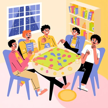 A cozy living room with warm lighting and comfortable furniture. A group of five friends is gathered around a large, colorful board game on a round wooden table. Each friend has a look of excitement on their face. One friend with curly hair is rolling dice, while another friend wearing glasses is pointing at the game board. There are scattered game pieces, cards, and snacks like popcorn and chips on the table. A soft, plush rug is underfoot, and a bookshelf filled with books and games is visible in the background. A window shows a glimpse of a starry night outside.