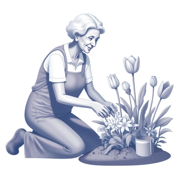 An elderly person kneeling in a flower garden. They are surrounded by a variety of blooming flowers, showcasing different shapes and sizes. The individual has a gentle smile on their face, reflecting a sense of tranquility. Their hands are actively caring for the plants, with soil and gardening tools nearby. The sun is shining down, casting soft shadows across the vibrant blooms, creating a serene atmosphere in the scene.