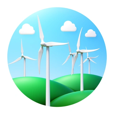 A wind farm featuring several towering wind turbines with large, white blades. The turbines are positioned on green rolling hills, with each turbine spinning steadily. Above, a clear blue sky is visible, dotted with a few fluffy white clouds. The sunlight casts bright rays down on the scene, highlighting the vibrant green grass below.