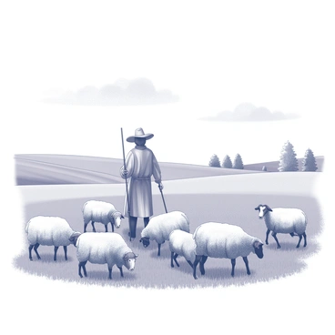 A shepherd stands tall in a vast pasture filled with grazing sheep. The shepherd, dressed in traditional attire with a wide-brimmed hat, holds a wooden staff firmly in one hand. The sheep, a mix of different breeds, are scattered across the lush grass, some close to the shepherd and others further away, moving in response to gentle cues from the shepherd. The sky is clear, with a few clouds floating above, providing a sense of openness to the scene. The landscape is dotted with a few trees in the background, complementing the sense of tranquility in the pasture.