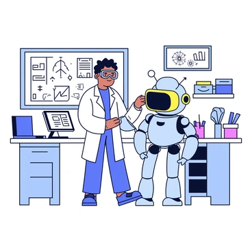 A futuristic lab filled with advanced technology and sleek equipment. In the center of the room stands a scientist wearing a white lab coat and protective goggles. The scientist is focused on building a friendly robot that has a rounded shape and large expressive eyes. The robot is designed with smooth metallic surfaces and colorful accents. Surrounding them are various tools and screens displaying blueprints and data related to the robot's development. Bright, clean lighting illuminates the entire scene, highlighting the cutting-edge nature of the laboratory.