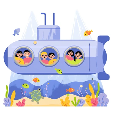 A submarine with large, round windows is submerged underwater. Inside the submarine, a group of four children is peering out the windows, their faces filled with excitement. Outside the windows, a vibrant underwater scene unfolds. Colorful fish in shades of blue, orange, and yellow swim gracefully by, accompanied by playful sea creatures such as a curious sea turtle and a small school of shimmering jellyfish. Sunlight filters down from above, illuminating the underwater landscape with a magical glow. The sea floor is dotted with various corals and sea plants, adding to the lively atmosphere of this underwater adventure.