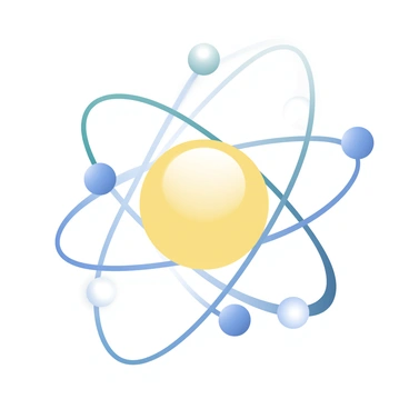 A detailed illustration of an atom is centered in the image. The atom has a spherical nucleus at the center, depicted in a light yellow color, representing protons and neutrons. Surrounding the nucleus are multiple electrons, represented as small blue spheres, orbiting in distinct paths. The electron orbits are illustrated as thin, curved lines, with some paths appearing closer to the nucleus and others further away. A faint glow surrounds the electrons to highlight their movement. The background is a soft gradient transitioning from light blue at the top to white at the bottom, creating a dynamic visual effect.