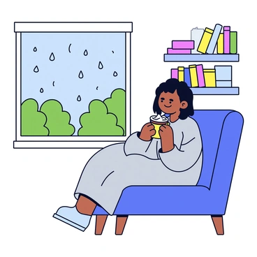 An INFP is sitting comfortably on a plush chair, wrapped in a soft, light grey blanket. In their hands is a warm mug filled with hot cocoa, topped with a swirl of whipped cream. The person has a gentle expression, gazing out a window where raindrops are cascading down the glass. Outside, a blurred view of a green garden reflects the rainy atmosphere. The cozy indoor setting features a small bookshelf filled with books in the background. The soft lighting creates a warm ambiance in the room.