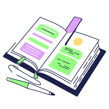 A thick book is open on a wooden table, showing several pages of legal statutes. The pages have highlighted sections in green and purple, emphasizing important text. The book's cover is textured and features a gold emblem in the center. Surrounding the book are small tools for studying, including a green pen placed diagonally across the pages and a purple bookmark sticking out of the book. A soft light source illuminates the scene, casting gentle shadows on the tabletop.