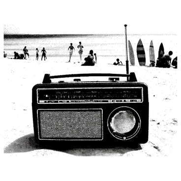 A vintage radio is positioned on the sand, displaying intricate details of its retro design. People are scattered in the background, engaging in various activities under the sunlight. Some are lounging on beach towels, while others are building sandcastles. Nearby, several surfboards are standing upright in the sand, showcasing their distinct shapes and sizes. The scene captures a lively beach atmosphere, with the ocean waves visible in the distance.