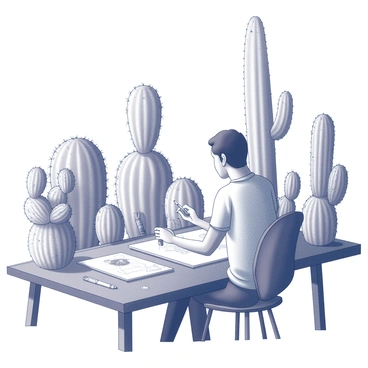 An artist is seated at a wooden table, surrounded by a collection of various cacti. Each cactus exhibits a unique shape, such as tall and slender, rounded, or sprawling forms. The artist is using a brush to depict the intricate textures of the cactus surfaces, emphasizing details like spines, bumps, and smooth areas. The workspace is scattered with sketches and tools, and natural light filters in, casting soft shadows across the scene.