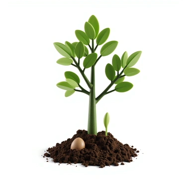 A small seed is nestled in dark brown soil, surrounded by tiny green sprouts. As the scene progresses, the seed begins to germinate, with a small green shoot emerging from the soil. The shoot stretches upward, developing leaves that unfurl in vibrant shades of green. Over time, the plant grows taller, the trunk thickening and gaining a textured bark. Branches extend outward, becoming lush with an abundance of leaves as the tree matures. Sunlight filters through the canopy, casting dappled shadows on the ground below. The scene captures the transformation from a tiny seed into a large, mature tree, showcasing the stages of growth and the beauty of nature.