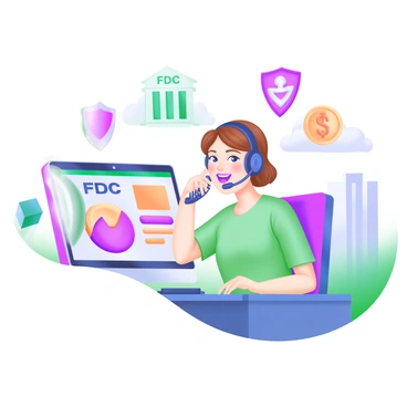 A modern pastel illustration depicting a customer service representative speaking on the phone. The representative is a young woman with short brown hair, wearing a headset, and has a friendly expression. She is seated at a desk with a computer displaying a pie chart and various FDIC logos. Surrounding her are floating icons representing financial security, such as a shield, a dollar sign, and a bank building. The background shows soft pastel colors, contributing to a calm and professional atmosphere.