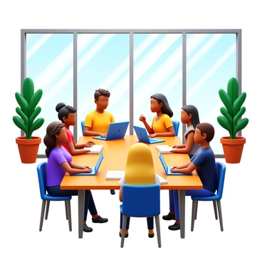 A group of diverse BCU students with varying hairstyles and clothing styles sitting around a large wooden table. They are engaged in studying together, with books and laptops open in front of them. Sunlight streams through large glass windows, illuminating their faces and creating a warm atmosphere. Some students are discussing ideas while others are focused on their work, showcasing collaboration and concentration. Green plants are placed in the corners of the atrium, adding a touch of nature to the study space.