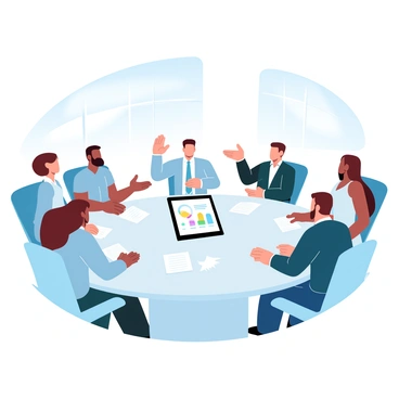 A group of diverse leaders sitting around a round table in a modern office discussing strategies