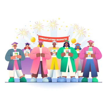 A virtual graduation ceremony is taking place, featuring a diverse group of avatars representing students. Each avatar is wearing a traditional graduation cap and gown in various colors. They are standing in a digital space decorated with festive balloons and banners that read "Congratulations Graduates" in bold letters. Each student is holding a certificate that displays colorful digital illustrations. The background features a virtual stage with sparkling lights, and there are animated fireworks bursting in the sky above the avatars, celebrating their achievement.