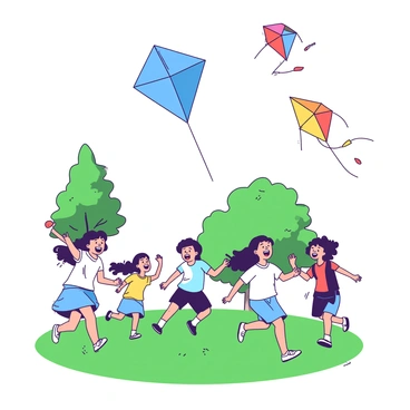 A group of children is running happily in a park while flying colorful kites. The kites soar high in the sky, each kite designed in different shapes and colors. Some children are standing still with wide smiles, holding the strings tightly as they watch their kites dance in the wind. The grass is a vibrant green, and there are a few trees in the background providing shade. The children's laughter fills the air, creating a joyful atmosphere. A blue kite is prominently featured, alongside a yellow one, both contrasting against the clear sky.