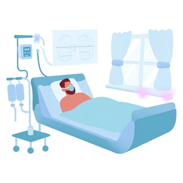 A patient is lying in a hospital bed, wearing an oxygen mask that covers their face. The medical equipment surrounding the bed includes a heart rate monitor with a display showing vital signs. IV bags hang on a stand beside the bed, with tubes connecting them to the patient. The room is filled with various medical instruments, and a window reveals soft, natural light filtering through pastel-colored curtains. A diagram detailing the process of gas exchange is positioned on the wall, providing an educational context to the scene.