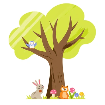 A gathering of whimsical forest creatures is situated beneath a giant oak tree. The oak tree has a thick trunk and sprawling branches that extend outward. Around the base of the tree, there are various creatures including a small, cheerful rabbit with large ears, a wise-looking owl perched on a low branch, and a playful squirrel holding an acorn. Colorful mushrooms and vibrant flowers surround the base of the tree, adding pops of color to the scene. Sunlight filters through the leaves, casting playful shadows on the ground where the creatures are gathered.