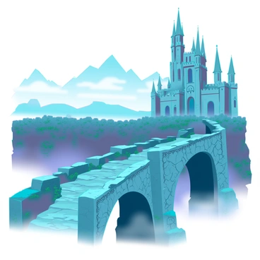 An ancient stone bridge with weathered stones and moss covering its surface, connects a grand castle to a winding mountain path. The bridge is arched, its edges adorned with intricate carvings that hint at its long history. Wisps of mist envelop the scene, partially obscuring the view of the distant mountains and lending an air of mystery to the landscape. The castle features tall towers and crenellations, rising majestically against the backdrop of the misty surroundings. The mountain path is rugged, with boulders and patches of greenery peeking through the fog, leading the viewer's eye towards the bridge and castle.