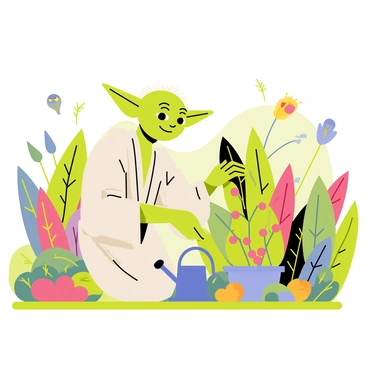 Yoda is depicted in a lush garden, kneeling beside a variety of exotic plants. He has green skin and large ears, wearing a simple robe. The garden features vibrant and unusual plants with colorful leaves and strange flowers. Yoda is gently watering a plant with a small blue watering can. In the background, there are alien creatures fluttering around and a small stone path winding through the garden. The sky is a soft green, hinting at an otherworldly atmosphere.