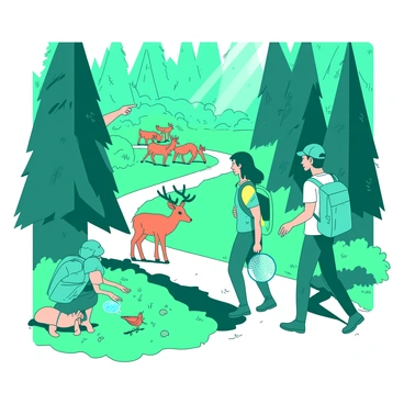 A teal family is walking along a winding path through a lush green forest. The family consists of two adults and two children, all wearing colorful hiking gear. The adults are pointing excitedly at a small group of orange deer grazing in a clearing nearby. One child is crouched down, observing a small red bird perched on a low branch, while the other child is holding a blue butterfly net, eagerly looking around for more wildlife. Sunlight filters through the tall trees, creating a dappled effect on the forest floor.