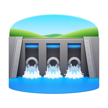 A large concrete dam with water cascading over its edge. There are several turbines visible at the base of the dam, with water flowing through them. The water appears powerful and dynamic as it churns around the turbines. In the background, there are rolling hills and a clear blue sky. The structure of the dam is imposing, with intricate details such as bolts and seams visible on its surface.