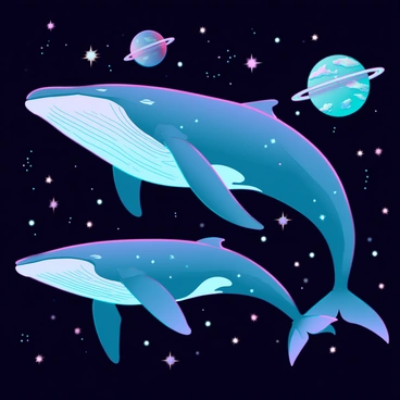 Giant whales with iridescent, shimmering scales are swimming through a vast galaxy filled with luminous stars and colorful planets. The whales have elongated bodies and gentle curves, moving effortlessly through the cosmic sea. Their fins create a soft wave-like motion, leaving trails of stardust behind them. Brightly colored planets of various sizes orbit in the background, some with rings and others showcasing vibrant landscapes. The backdrop is a deep, rich black interspersed with twinkling stars, creating a mesmerizing contrast against the magnificent whales.