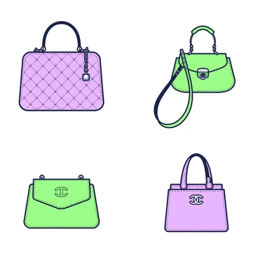 A series of sketches arranged in a grid layout, each showcasing a different angle of a Chanel bag. The first sketch features a frontal view of a classic quilted bag with a chain strap. The second sketch captures a side view of a smaller crossbody bag, emphasizing its sleek silhouette. The third sketch displays an overhead view of a larger tote bag, highlighting its spacious interior. Another sketch depicts a diagonal view of a flap bag, showcasing the signature interlocking "CC" logo prominently. Each bag is intricately detailed with stitching and texture, creating a comprehensive collection of designs.