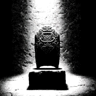 An ancient artifact is positioned centrally on a stone pedestal. The artifact has intricate carvings that suggest a long-lost civilization. Dark energy radiates from the surface of the artifact, creating a visual distortion around its edges. Surrounding the artifact is a swirling mist that seems to pulse and shift, enhancing the atmosphere of mystery. The room is dimly lit, with shadows playing across the rough stone walls, adding to the sense of intrigue.