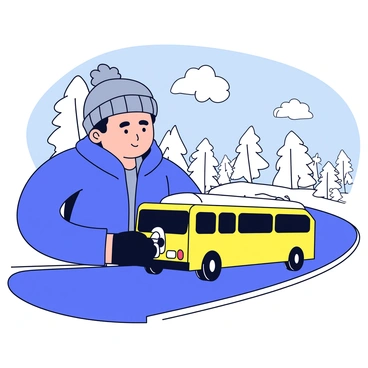 A bus driver wearing a thick, dark blue coat, a knitted gray beanie, and a pair of black gloves. The driver has a focused expression while gripping the steering wheel. Outside the bus window, snowflakes gently fall, covering the ground in a thick layer of white snow. The trees alongside the road are blanketed with snow, and the sky is overcast with soft gray clouds. The bus has a bright yellow exterior, and it is moving along a winding road.