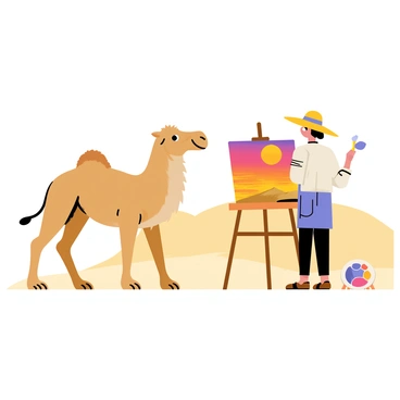 A camel with a light brown coat and a fluffy hump stands beside an artist. The artist is wearing a wide-brimmed hat and holding a paintbrush, focused on a canvas. The canvas displays a vibrant sunset with shades of orange, pink, and purple streaked across the sky. In the background, there are sand dunes rolling gently under the warm glow of the evening light. The artist's easel stands on the soft sand, and a palette with mixed colors rests nearby.