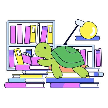 A turtle in a cozy library, reading a book while resting on a pile of others