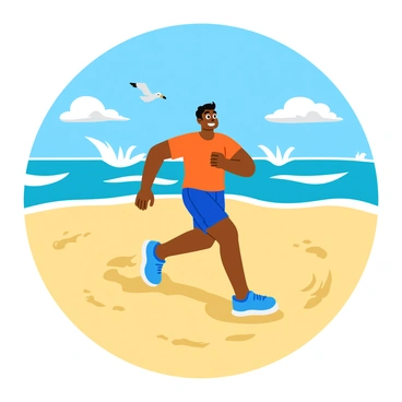 A lone runner with a determined expression is making tracks on a sandy beach. The runner is wearing bright athletic gear, and their feet leave clear impressions in the wet sand. In the background, waves are crashing against the shore, creating white frothy splashes. The sky above is a bright blue with a few fluffy clouds, and the sun casts warm light on the scene. Seagulls can be seen flying above, adding to the lively atmosphere of the beach.