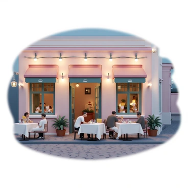A charming bistro with warm, inviting lights strung overhead, located on a cobblestone street. Tables adorned with white tablecloths are set outside, with patrons enjoying their meals. Some diners are animatedly chatting, while others are sipping on glasses of wine. The bistro's exterior features large, open windows revealing a cozy interior, and potted plants line the entrance, adding a touch of greenery. The evening sky is transitioning to twilight, casting a soft glow over the scene.