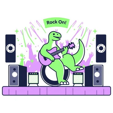 A dinosaur is playing a guitar on stage at a rock concert. The dinosaur has a vibrant green and purple body, with musical energy radiating from it. It is standing on its hind legs, gripping a purple electric guitar with both hands. The stage is illuminated with bright lights, and colorful amplifiers are positioned around the dinosaur. In the background, a cheering crowd is visible, their arms raised in excitement. Large speakers flank the sides of the stage, and a green banner with the words "Rock On!" hangs above. The atmosphere is filled with dynamic movement and energy.