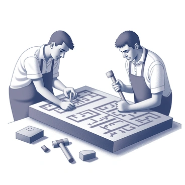 Two craftsmen are focused on carving intricate symbols on a large slab resembling a Mayan calendar stone. One craftsman is holding a chisel firmly in his right hand, while the left hand supports the stone. The other craftsman is in the process of making precise marks on the stone’s surface. They are surrounded by tools typically used for stone carving, such as hammers and chisels. The work area is cluttered with stone dust and remnants of previous carvings, indicating a deep immersion in their craft. The expressions on their faces convey concentration and dedication to their task.