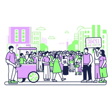A long line of people is waiting for a popular event, stretching far into the distance. The line is composed of a diverse group of individuals, including men, women, and children. Some people are chatting with each other, while others are looking at their phones. In the foreground, a person is holding a colorful sign with the event's name. A vendor cart is positioned nearby, with a few people purchasing snacks. The setting features a clear sky above and buildings lining the street on either side of the line, contributing to the bustling atmosphere.