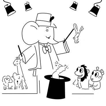 A large elephant wearing a magician's top hat stands center stage, holding a wand in one hand. The elephant is adorned with a shiny bow tie and colorful vest. In front of the elephant, a large black top hat rests on a table. The elephant is pulling out a white rabbit from the hat, and the rabbit is mid-leap, looking surprised. An audience of various animals, including a lion, a giraffe, and a monkey, watches with wide eyes and open mouths, showcasing their amazement. The stage is illuminated by bright lights, highlighting the lively scene.