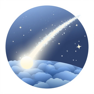 A bright comet is traveling through the thermosphere, illuminating the dark sky with its glowing core. The comet's tail is long and wispy, composed of icy particles that shimmer as they catch the light. Surrounding the comet, the thermosphere is filled with ethereal colors, showcasing shades of blue and violet. The icy particles appear to scatter from the tail, creating a sparkling effect as they trail behind the comet. The vastness of space can be seen in the background, dotted with distant stars.