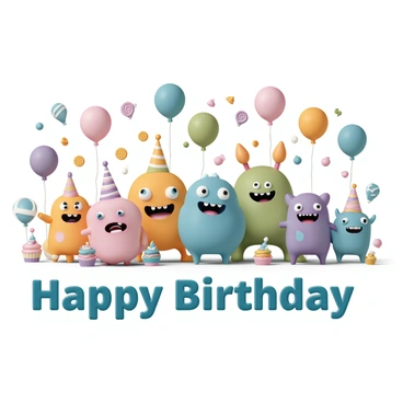 A vibrant birthday banner featuring a variety of friendly monsters, each with distinct colors and playful expressions. The monsters are surrounded by colorful balloons of different shapes and sizes, floating above them. There are treats like cupcakes, cookies, and party hats scattered around. The background of the banner includes festive decorations, enhancing the joyful atmosphere of the celebration. The text "Happy Birthday" is prominently displayed in a fun, bold font.