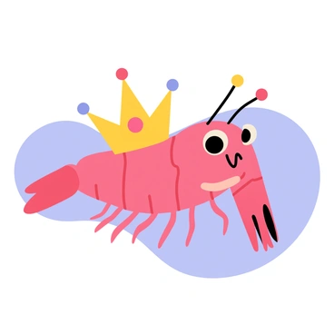 A tiny shrimp with a detailed, shiny pink body is wearing a golden crown embellished with colorful jewels. Above the crown, the word "Jumbo" is written in bold, playful letters. The shrimp is set against a simple blue background to highlight its features. The shrimp's antennae are prominent, and its eyes are large and expressive, adding to its cartoonish charm.