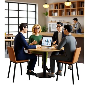 A financial advisor with short, dark hair, wearing a navy blazer and glasses, is seated at a round wooden table in a cozy coffee shop. He is gesturing with one hand while holding a tablet in the other, displaying graphs and charts related to private equity. Across from him is a couple: a woman with curly blonde hair wearing a green sweater and a man with straight black hair in a gray suit. They appear engaged and attentive, leaning slightly forward. In the background, there are shelves lined with books and a barista preparing drinks behind the counter. Warm light from pendant lamps creates a welcoming atmosphere.