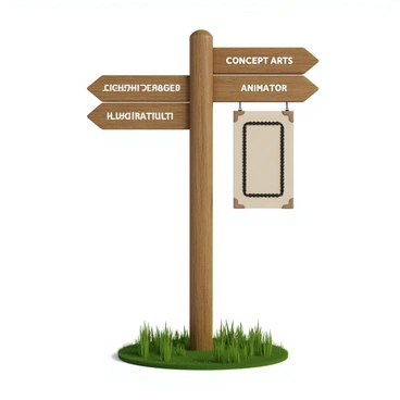 A wooden signpost with multiple arrows extending in different directions, each labeled with a career in illustration such as "Graphic Designer," "Concept Artist," "Animator," and "Art Director." The signpost is weathered and has a natural finish, showcasing its rustic charm. Hanging from the center of the signpost is a framed diploma, with a decorative border, symbolizing achievement in the field of illustration. The setting is outdoors, with green grass and a few trees in the background, adding to the professional yet inviting atmosphere.