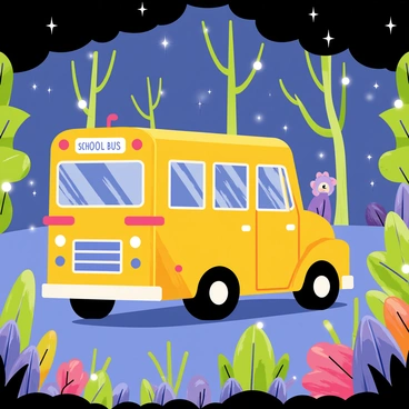 A cartoon-style illustration of "The Magic School Bus" driving through an "enchanted forest." The bus is bright yellow with colorful accents and whimsical features. Surrounding the bus are "glowing plants" in various shapes and sizes, casting a soft, luminous light. The trees have "twinkling leaves" and "colorful flowers," adding to the enchanting atmosphere. In the background, there are "mystical creatures" peeking curiously from behind the foliage, completing the magical scene.
