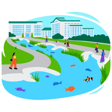 A series of sleek, modern architectural structures designed to divert a river through a city. The structures include gentle slopes and flowing channels that guide the water, creating safe passage for fish. Various aquatic plants line the edges of the river, providing natural habitats. Brightly colored fish swim through the clear water, while people walk along the pathways next to the river, observing the scenery. The buildings in the background feature large windows and green roofs, blending seamlessly with the natural elements of the environment.