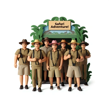 A safari-themed photobooth featuring a vibrant backdrop of lush green foliage and silhouettes of exotic animals such as elephants and giraffes. Guests stand in front of the booth, wearing adventurous wide-brimmed hats in various colors. Each guest has a pair of binoculars hanging around their necks, adding to the expedition vibe. The scene is lively with guests smiling and posing, showcasing their safari attire, which includes khaki shirts and shorts. A sign above the photobooth reads "Safari Adventure!" in bold letters.