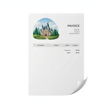 An invoice with a white background featuring a "whimsical illustration" of a fairytale castle with tall, colorful towers and flags waving at the top. The castle is surrounded by a lush "enchanted forest" filled with green trees and sparkling, magical lights. Delicate flowers in various colors are scattered at the base of the castle. The text of the invoice is clearly presented in a formal font, neatly organized with sections for item description, quantity, and price. The overall layout is clean, ensuring that the whimsical illustrations enhance the invoice without overwhelming the essential information.