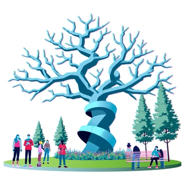 A detailed illustration of a rustic metal sculpture in a public park